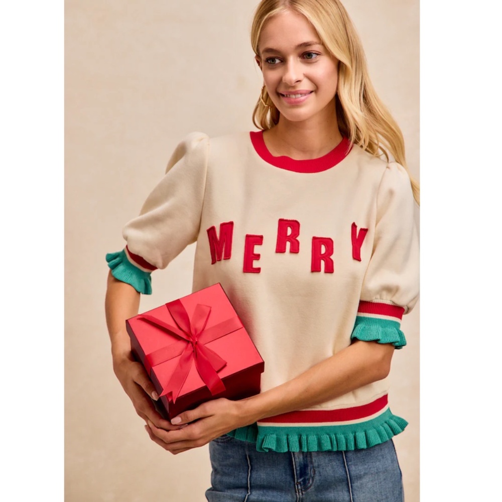 "The Cherish" Christmas "MERRY" Contrast Banded Sweater